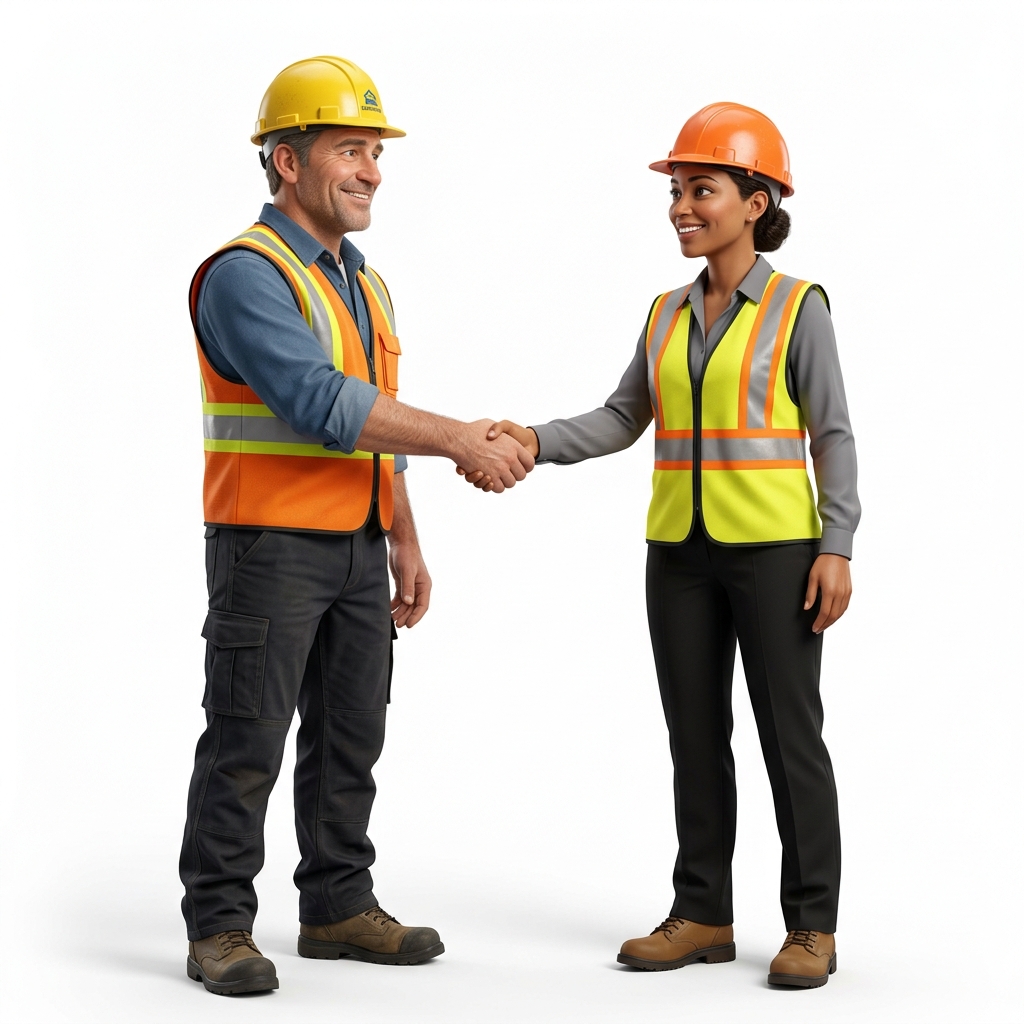 3D Contractor and Client Handshake Symbolizing Trust and Partnership