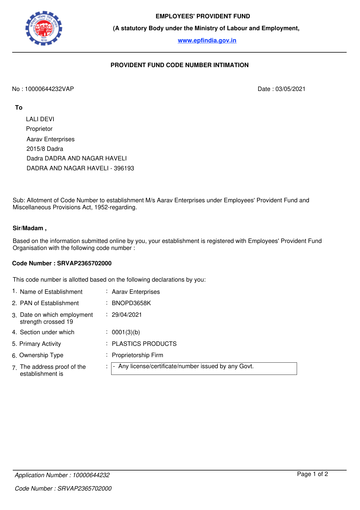 EPFO CODE INTIMATION Page 1