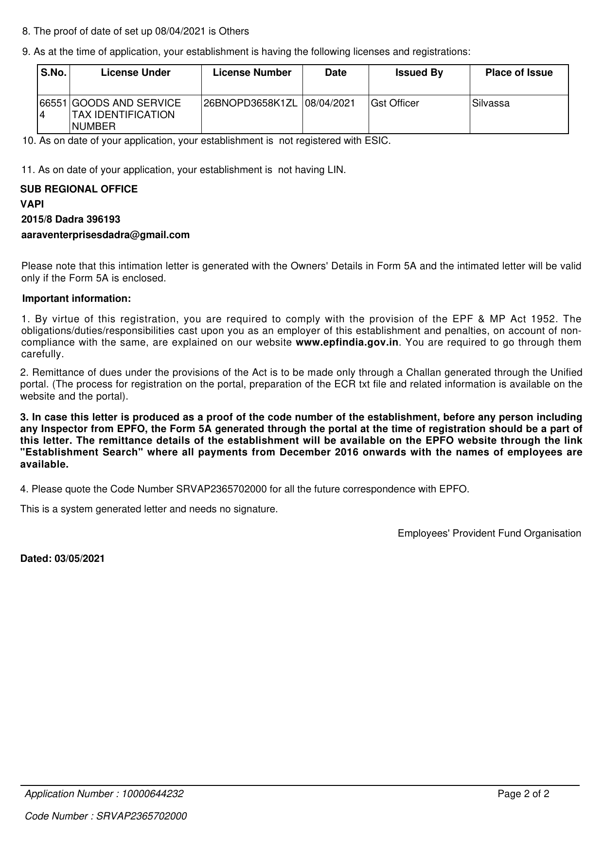 EPFO CODE INTIMATION Page 2
