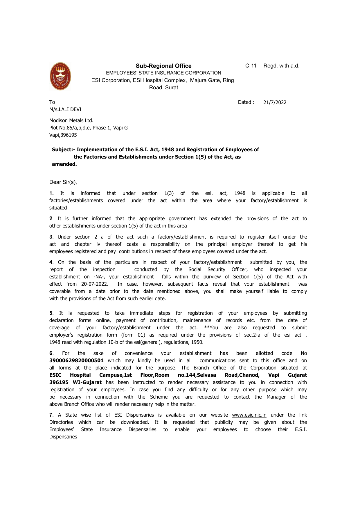 ESIC REGISTRATION (C-11) Page 1